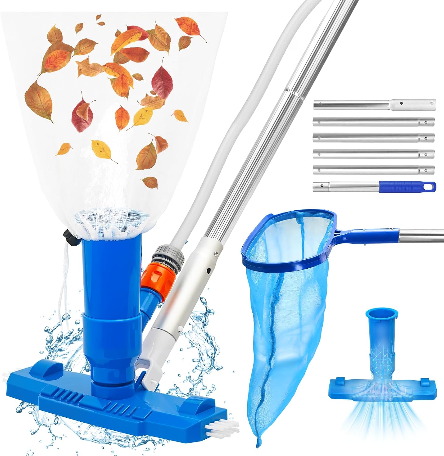1.4m Pool Cleaning Kit, Swimming Pool Vacuum Cleaner with 5 Pole Sections, Pool Maintenance Kits with Pool Nets, Pond Vaccum Cleaner with Large Capacity Skimmer Net, Hot Tub Vac to Clean Dirty