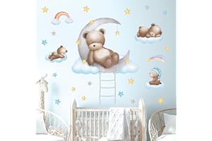 DECOWALL SG2-2310 naklejka ścienna niedźwiedź na chmurach naklejka ścienna do pokoju dziecięcego, dekoracja domu, zdejmowana sztuka, pokój dziecka, gwiazda, chmury, balon, tęcza, kolorowe dekoracje