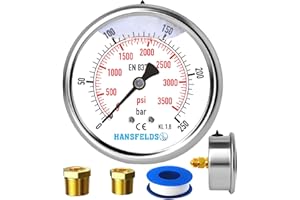 HANSFELDS Manomètre Hansfeld 0–250 bar/psi, cadran 63 mm, rempli de liquide, montage arrière BSP 1/4 pouce, intérieur et montage en laiton, précision 1,6, inclut 2 réducteurs vers 3/8" et 1/2".
