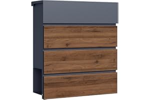 ‎TOBOLI Toboli Skrzynka na listy antracytowa z drewnem V63 stalowa z ukrytym zamkiem, nowoczesna skrzynka pocztowa do montażu na ścianie z miejscem na gazety