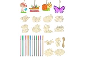 SEESUNO 36PC Wooden Shapes for Crafts, Kids Craft DIY Blank Wood Ornaments with 12 Drawing Pen Twine for Painting Party Decoration