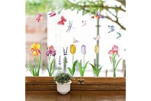 GEBETTER 9 Sheets Spring Summer Window Stickers Tulips Iris Flower Window Clings Double-Sided Stained Glass Clings Floral Window Clings for Spring Summer Window Decorations