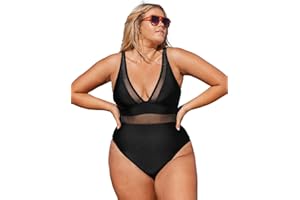 CUPSHE Damski jednoczęściowy strój kąpielowy plus size dekolt w serek siateczkowa przezroczysta kontrola brzucha kostium kąpielowy z regulowanymi szerokimi paskami