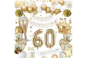KISPATTI 60th Birthday Decorations, Gold 60th Birthday Decorations for Men Women Gold White Balloons HAPPY BIRTHDAY Banner Number 60 Balloons Crown Star Heart Balloons HAPPY 60th BIRTHDAY Cake Topper