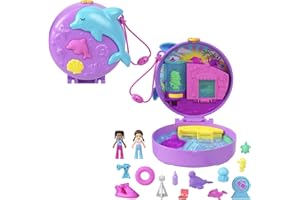 Polly Pocket Puppen und Spielset, Delfin Retten und Spielen Schatulle, Tierspielzeug mit 2 kleinen Puppen und Meerestieren, Zubehörteile rund um das Thema Meer, HWN96