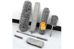 WOBENKE 7 Stücke Staubwedel Teleskop Staubwedel Waschbar Biegbar Eckbesen Staubwedel Straußenfedern Staubwedel lang Ausziehbar Max.Lang 25-256cm Staubbesen Staubbürste für Lücken Decken Spinnweben