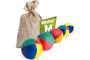 Mister M | 5 Jonglierbälle im beigen Jutesack | Leicht zu greifen | wasserdichte Beschichtung und umweltfreundliche Polsterung | Geeignet für Anfänger und Profis | Mit App und Online-Videotutorial