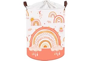 Clastyle 45L Grand Corbeilles à Linge Arc-en-ciel Boho pour Fille avec Poignée Paniers à Linge Sale Nuage Orange Repliable Vêtements Jouets avec Couvercle pour Salle de Bain