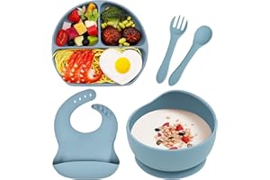 Hoseay Assiette Ventouse pour Bébé Silicone Coffret Repas Set Enfants avec Assiette Bol Bavoir Cuillere Fourchette 5 Pièces Vaisselle Kit Garçon Fille Sans BPA, Lave Vaisselle et au Micro Ondes, Bleu