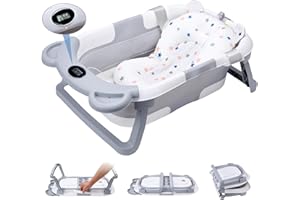 LOGEEYAR Vasca da Bagno per Bambini, Vasca da Bagno da Viaggio Portatile, Vasca Bagnetto Neonato Pieghevole Pieghevole con Cuscino di Supporto, Adatta per Neonati da 0 a 36 Mesi Grigio