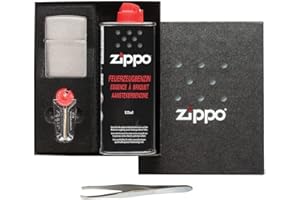 Zippo Geschenke Set inklusive Sunmando Pinzette zum wechsel der Watte BZW. des Dochtes: Mit Feuerzeug Chrome, Feuersteinen und Benzin. (Zippo Set 7)