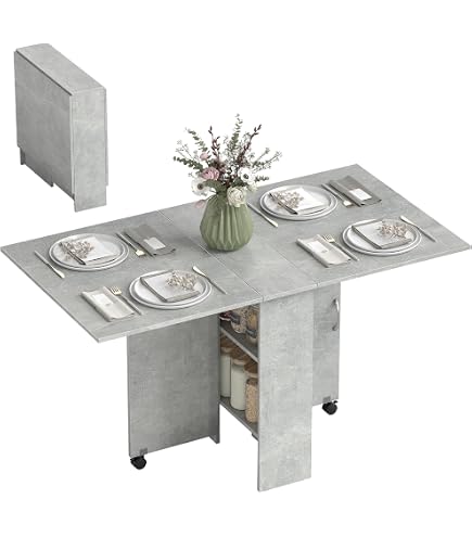 Table à Manger Pliable Avec Roulettes Et Tiroir - Table De Cuisine 3-en-1 Pour Petit Espace - Chêne Gris