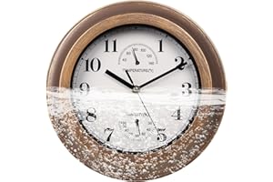 MENAYODA Orologio da parete impermeabile per esterni, in stile retrò, silenzioso, senza ticchettio, con termometro e igrometro, movimento al quarzo, per interni ed esterni, per terrazza, patio,