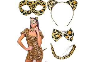 LAMEK 4 TLG Leoparden Kostüm Set Leopardenohren Haarreif Damen Tier Haarbänder Tierohren Stirnband mit Schwanz Maske Schleife für Halloween Karneval Cosplay Mottoparty