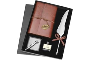Tangxi Set di Penne con Penna D'Oca in Piuma, Retro taccuino in Pelle con Penna a Tuffo Set di flaconi di Inchiostro Confezione Regalo di cancelleria(Bianca)