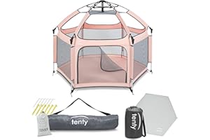 tenty Baby Pop-Up Laufgitter Set für drinnen und draußen - 150 x 100 cm - mobiler Laufstall mit Tragetasche, UV-Dach und Bodenmatte - für zuhause, Reisen, Camping - Grau/Rosa (Grau/Rosa)