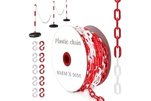 YUJUVI 25m Barrière à Chaînes en Plastique Chaîne de Signalisation en Plastique Rouge et Blanc Avec 10 Mousquetons pour Avertissement Espace de Stationnement de Sécurité (8mm x 50m Rouge et Blanc)