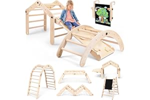 Woodure 7-in-1 Montessori Klettergerüst Indoor Set, Verformbares Kletterdreieck mit Rutsche & Kletterbogen, Hölzernes Pikler Dreieck zum Baby Klettern, Klettergerüst Montessori Spielzeug ab 1-6 Jahre