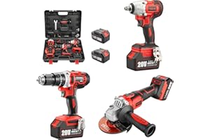 Kit d'outils TEENO 3 pièces (clé à chocs sans fil sans balais + perceuse à chocs + meuleuse d'angle sans balais) 20 V 2 batteries 3 Ah