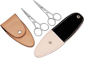 DTXLX 2 Stück 100 x 46 mm silberfarbene Edelstahl-Multifunktions-Bartschere, Schnurrbart, kleine Scheren, Nasenhaar, Wimpern, Nagelhaut, gebogene Klinge, Trimmer für Damen und Herren (mit Lederscheide)