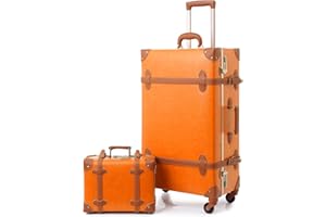urecity Vintage Luggage Set of 2, Retro Suitcase with Wheels for Men and Women, Cute Designer Travel Luggage Set with Boarding Tote, Luggage Zipperless TSA Approved (Orange, S(12")+M(20"))