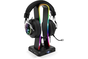 Spirit Of Gamer - Sentinel - Support Casque Gaming RGB - Porte Casque Gamer Multifonction 11 Effets Lumineux - Compatible PC/PS4/Console - 4 Ports USB - Câble USB-C et Guide Câble Souris Inclus