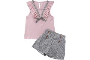 Geagodelia 2 Pezzi Completo Bambina Estivo Canotta Rosa Senza Maniche a Scollo con Fiocco+Calzoncini a Quadri Neri e Bianchi