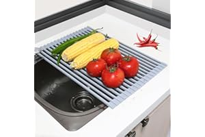 SUNLIGHT ENCOUNTER Scolapiatti da Appoggio per Lavello Pieghevole, Scolapiatti in Acciaio e Silicone, Tappetino Scolapiatti Salvaspazio, Accessori Lavandino Cucina per Essiccare Posate e Verdura, 43 * 30.5CM, Grigio