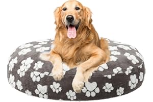 Sutowe Round Dog Bed Cover with Lovely Dog Paw, Sturdy and Soft Cotton Fleece Replacement Waterproof Pet Bed Cover Print and Double Sided Usable Design for Pet(dark grey,114CM)