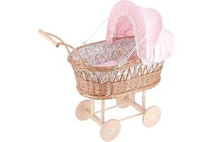 Petitcollin- Landeau Printemps-Jouet en Osier et Tissu-Confort et Elégance pour Poupée pour Les Enfants-Rose et Motifs Fleurs-À Partir de 3 Ans, 800123, Multicolor
