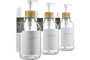 MaisoNovo Dispenser Per Shampoo E Balsamo - Dispenser Per Sapone Da Doccia Con Montaggio A Parete - Set Di 3 Flaconi In Plastica Trasparente Da 500 ml Con Pompa In Bambù Bianco - Non Richiede Foratura
