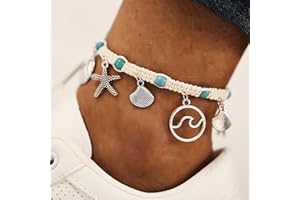 Atentuyi Pulsera Tobillera Turquesa Pulsera Tobillera De Cuerda Trenzada De Plata Pulsera Tobillera Estrella De Mar Pulsera Tobillera Concha Tobillera Boho Joyería Del Pie Para Las Mujeres Y Las Niñas
