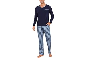 Demegimi Herren Schlafanzug Lang Streifen Baumwolle Winter Pyjama Nightwear Set Langarmshirt gestreifte Schlafanzughose für Männer