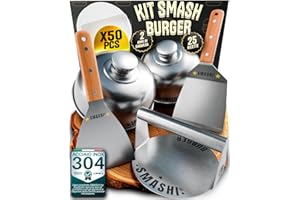 SMASHI BURGER SMASHI® Kit Smash Burger Professionale in Acciaio Inox 304 Certificato Contatto Alimenti UE | Pressa Hamburger + Spatole con Manico in Legno + Accessori | Include 25 Ricette (Professionale)
