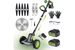 Rasentrimmer mit Akku, Gisam 8" Bürstenlose Freischneider mit 2x4.0AH Batterie, Trimmer Garten mit 3 Klingentypen, Abnehmbare Räder, Teleskopische Verstellung für Rasen Garten
