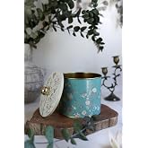 EVLE-Botanica Desenli Yuvarlak Metal Saklama Kabı, Erzak Saklama Kabı - Organizer Kutu 14 Cm X 12,5 Cm (Botanica Blue)