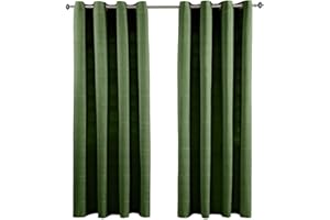 HOMESCAPES Dark Olive Green Rajput Eyelet Curtain Pair 137cm (54") Wide x 137cm (54") Drop 100% Cotton Ring Top Plain Curtains