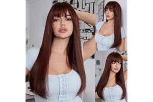 ‎HAIRCUBE HAIRCUBE Lange Rotbraune Perücken für Frauen mit Strähnchen, Gerade Perücken mit Bangs für den Alltag