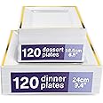 MATANA 240 Premium White Square Plastic Plates With Gold Rim - 120 24cm Dinner, 120 16.5cm Dessert - Elegant & Reusable for Weddings, Birthdays, BBQ, Parties