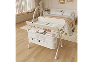 LANTUS Table à Langer avec roulettes, Pliable, Tapis à Langer Portable, 5 Niveaux réglables, Panier de Rangement à Suspendre pour Nouveau-né, pour Chambre de Bébé,75 * 68 * 83-91cm (B) Blanc crème