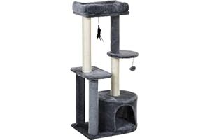 PawHut 100cm Cat Tree for Indoor Cats, Cat Tower Condo for Kittens with Cat House Sisal Scratching Posts, Hanging Ball Toys, Perches - Grey