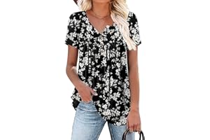 Aodemo Women's Summer Casual Henley V Neck Tunic Ladies Button Up Tops Flowy Short Sleeve Shirts Loose Blouse