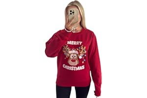 Crazy Fashion Womens Long Sleeve Merry Christmas Slogan Print Xmas Oversized Sweatshirt Ladies Round Neck Christmas Tree Jumper Top Pull Over Cardigan for Winter UK Size 8-14