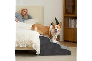 Dripex Curved Dog Stairs for Beds Couches, 3-Step Dog Steps with Durable Non-Slip Fabric Cover, Dog Slope Stairs for Small Dogs, Cats or Pets Friendly, Grey