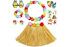 HBell 8pcs Hawaiian Hula Skirt Costume Set,40cm Hawaiian Grass Skirt,Hawaii Leis,Pineapple Glasses for Kids Fancy Dress Supplies Summer Beach Tropical Party Decorations
