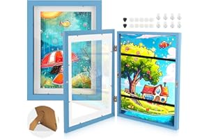 OOCOME 2Pack Kinder Kunstrahmen, Holzkunstwerk Display Bilderrahmen, Frontöffnung A4 Fotorahmen für 100 Bilder, Ausstellen oder Aufhängen Kinder Kunst Gemälde (Blau)