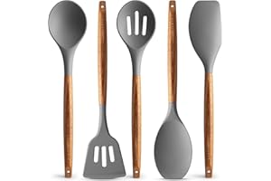 Premium 5 Piece Silicone Utensils Set with Authentic Acacia Hardwood Handles, All Purpose Silicone Spatulas Kitchen Set, Wood Cooking Utensils Set, Non-Stick Cookware by Zulay Kitchen