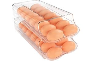 theaoo Soporte para huevos para nevera, contenedor de huevos rodante automático para refrigerador, dispensador de huevos de plástico transparente, organizador de huevos apilable con bandeja interior