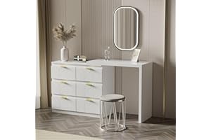 Sweiko Modern Kommode mit 6 Schubladen und Beistelltisch Tischplatte(180°), Sideboard mit Goldeten Griffen, Ablagefächern Schubladenkommode Mehrzweckschrank für Flur Schlafzimmer Wohnzimmer Badezimmer