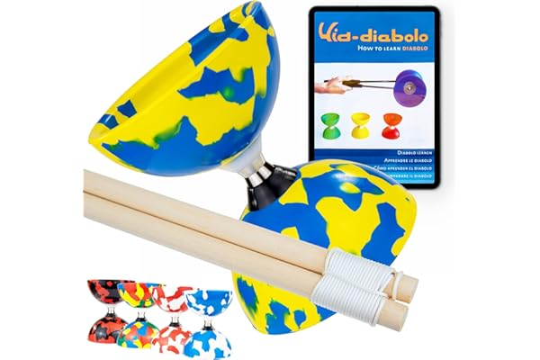 Juggle Dream Jester Diabolo Set de Jonglage avec Diabolo à roulement à Billes, Baguettes en Bois et Vidéo d'apprentissage en Ligne (Bleu/Jaune)